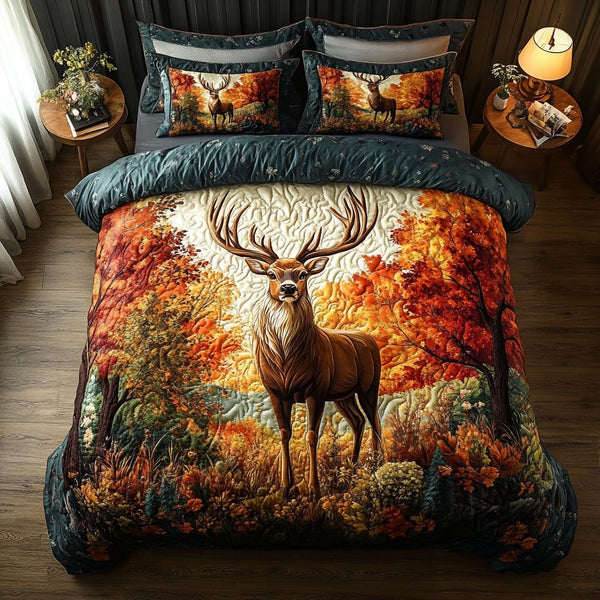 Forest Stag quilted 3-piece bedding set on a made bed with two matching pillow shams