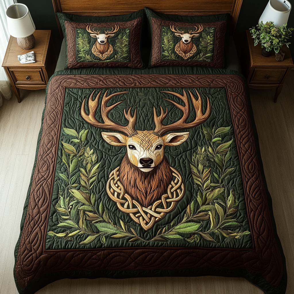 Forest Stag quilted 3-piece bedding set on a made bed with two matching pillow shams