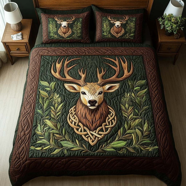Forest Stag quilted 3-piece bedding set on a made bed with two matching pillow shams