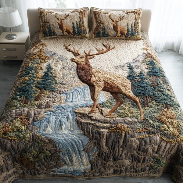 Forest Stag quilted 3-piece bedding set on a made bed with two matching pillow shams