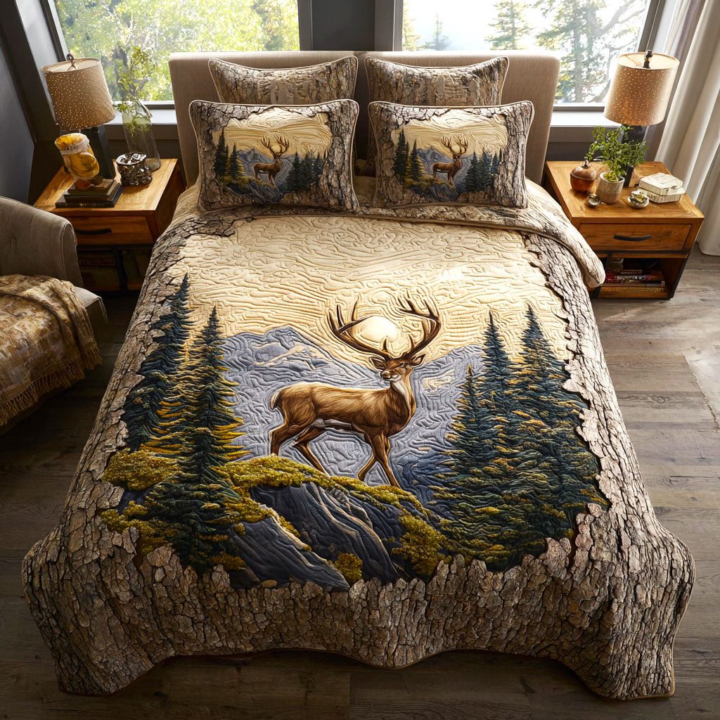 Forest Stag quilted 3-piece bedding set on a made bed with two matching pillow shams