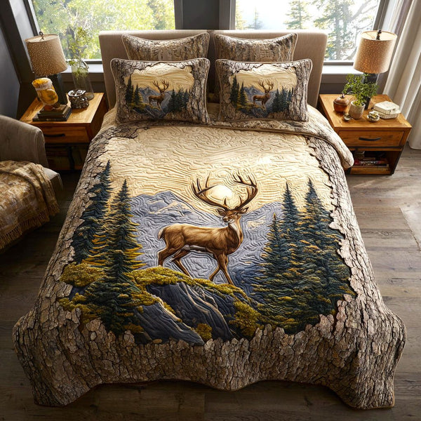 Forest Stag quilted 3-piece bedding set on a made bed with two matching pillow shams