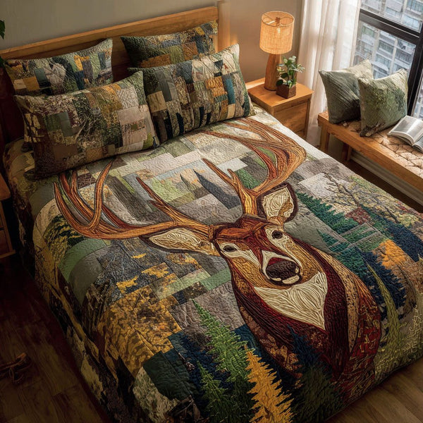 Forest Stalker quilted 3-piece bedding set on a made bed with two matching pillow shams