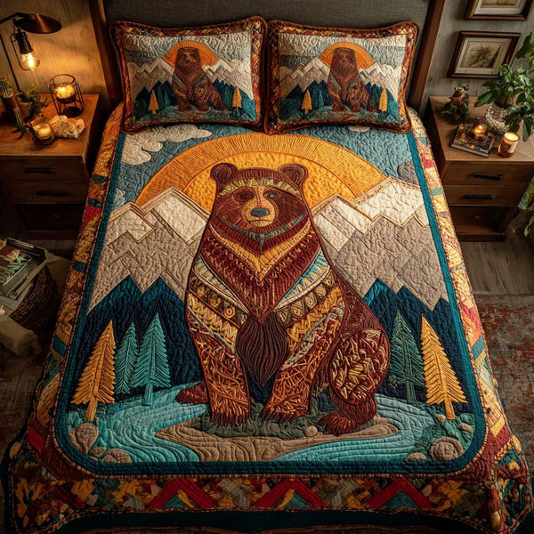 Forest Stalker quilted 3-piece bedding set on a made bed with two matching pillow shams