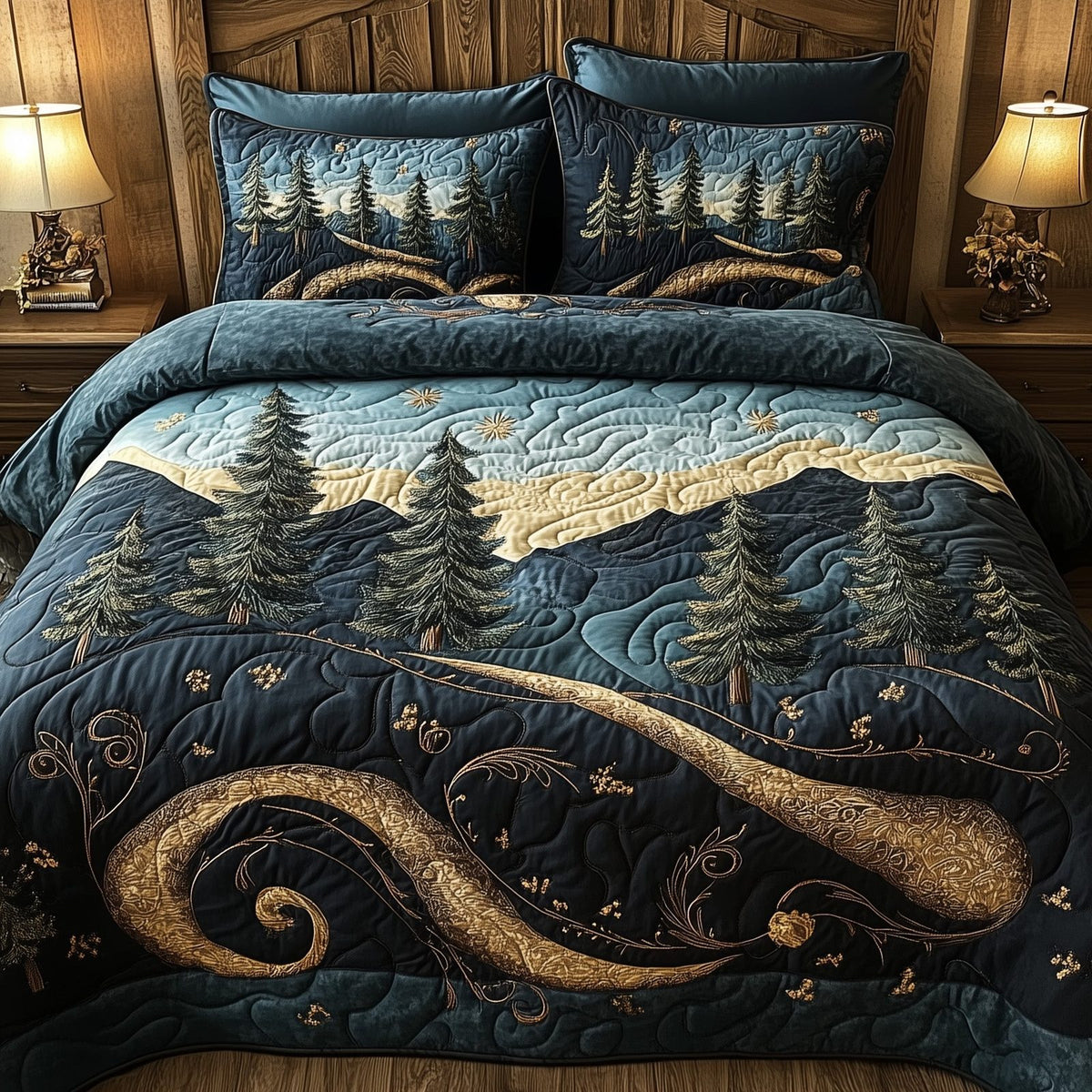 Forest Story quilted 3-piece bedding set on a made bed with two matching pillow shams