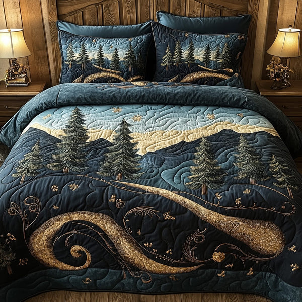 Forest Story quilted 3-piece bedding set on a made bed with two matching pillow shams