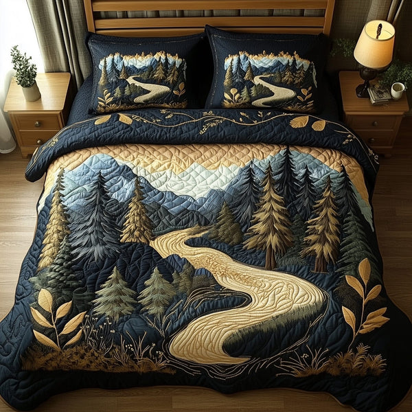 Forest Story quilted 3-piece bedding set on a made bed with two matching pillow shams