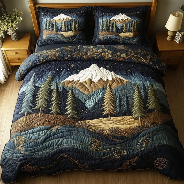 Forest Story quilted 3-piece bedding set on a made bed with two matching pillow shams