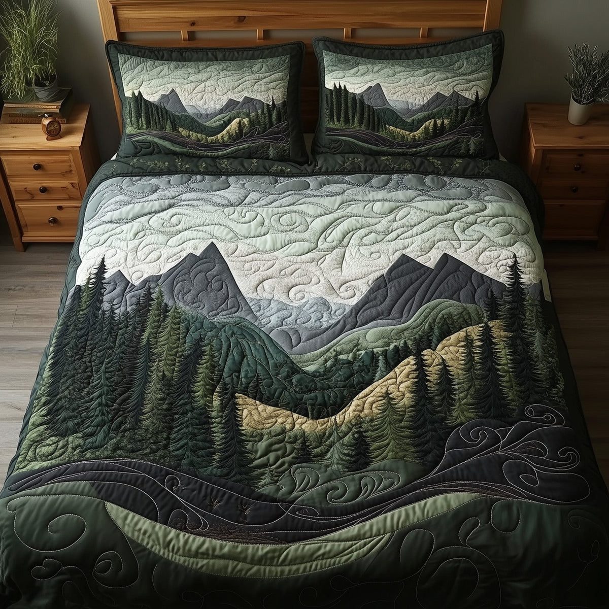 Forest Story quilted 3-piece bedding set on a made bed with two matching pillow shams