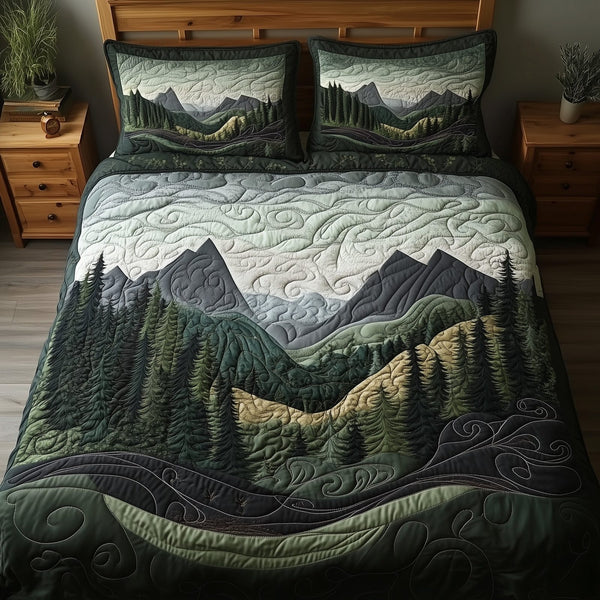 Forest Story quilted 3-piece bedding set on a made bed with two matching pillow shams