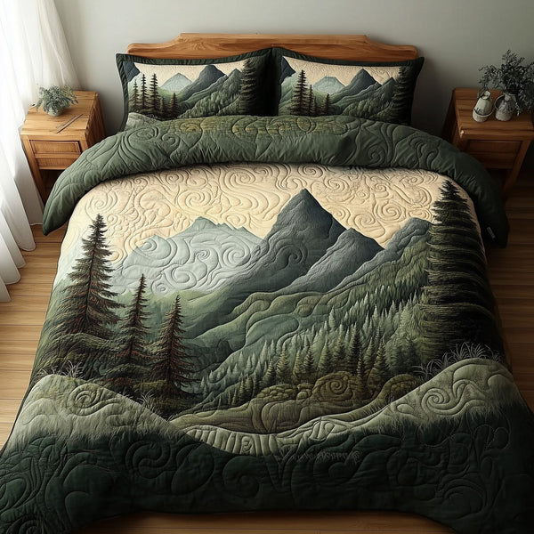 Forest Story quilted 3-piece bedding set on a made bed with two matching pillow shams