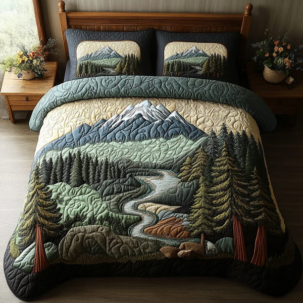 Forest Stream quilted 3-piece bedding set on a made bed with two matching pillow shams