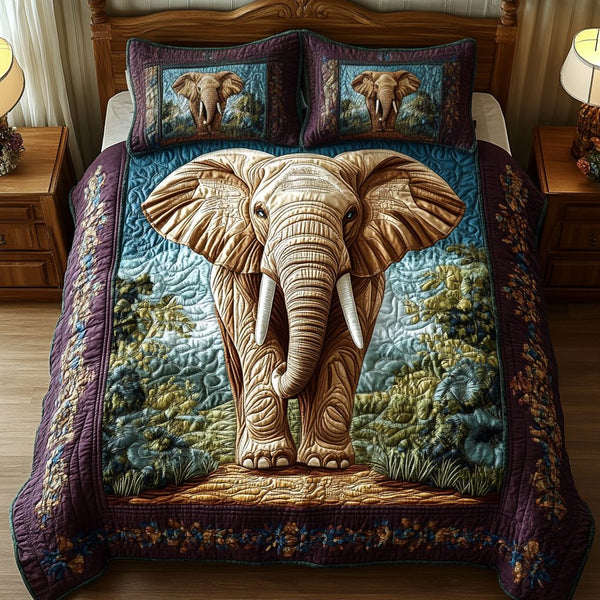 Forest Stroll quilted 3-piece bedding set on a made bed with two matching pillow shams