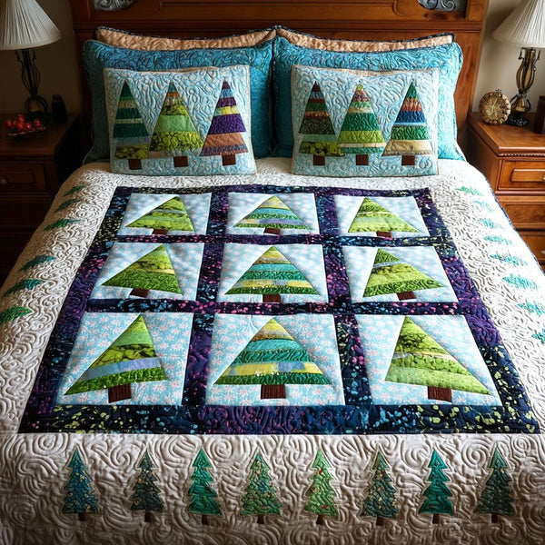 Forest Symphony quilted 3-piece bedding set on a made bed with two matching pillow shams