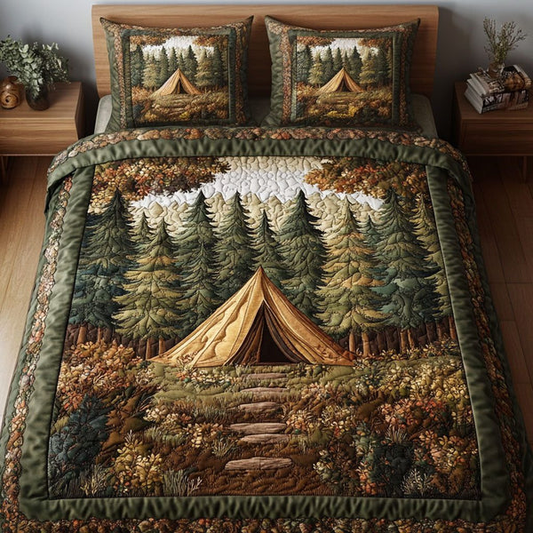 Forest Tent quilted 3-piece bedding set on a made bed with two matching pillow shams