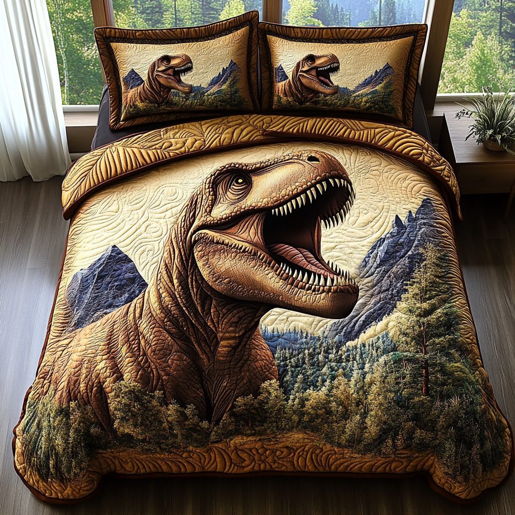 Forest Titan quilted 3-piece bedding set on a made bed with two matching pillow shams