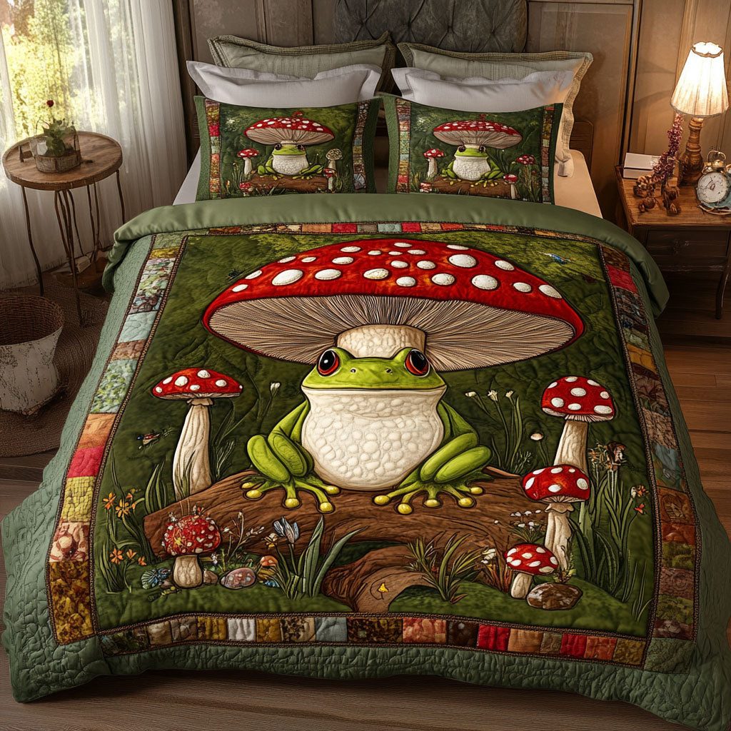 Forest Toadstool quilted 3-piece bedding set on a made bed with two matching pillow shams
