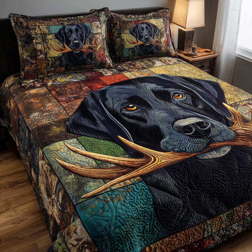 Forest Tracker quilted 3-piece bedding set on a made bed with two matching pillow shams