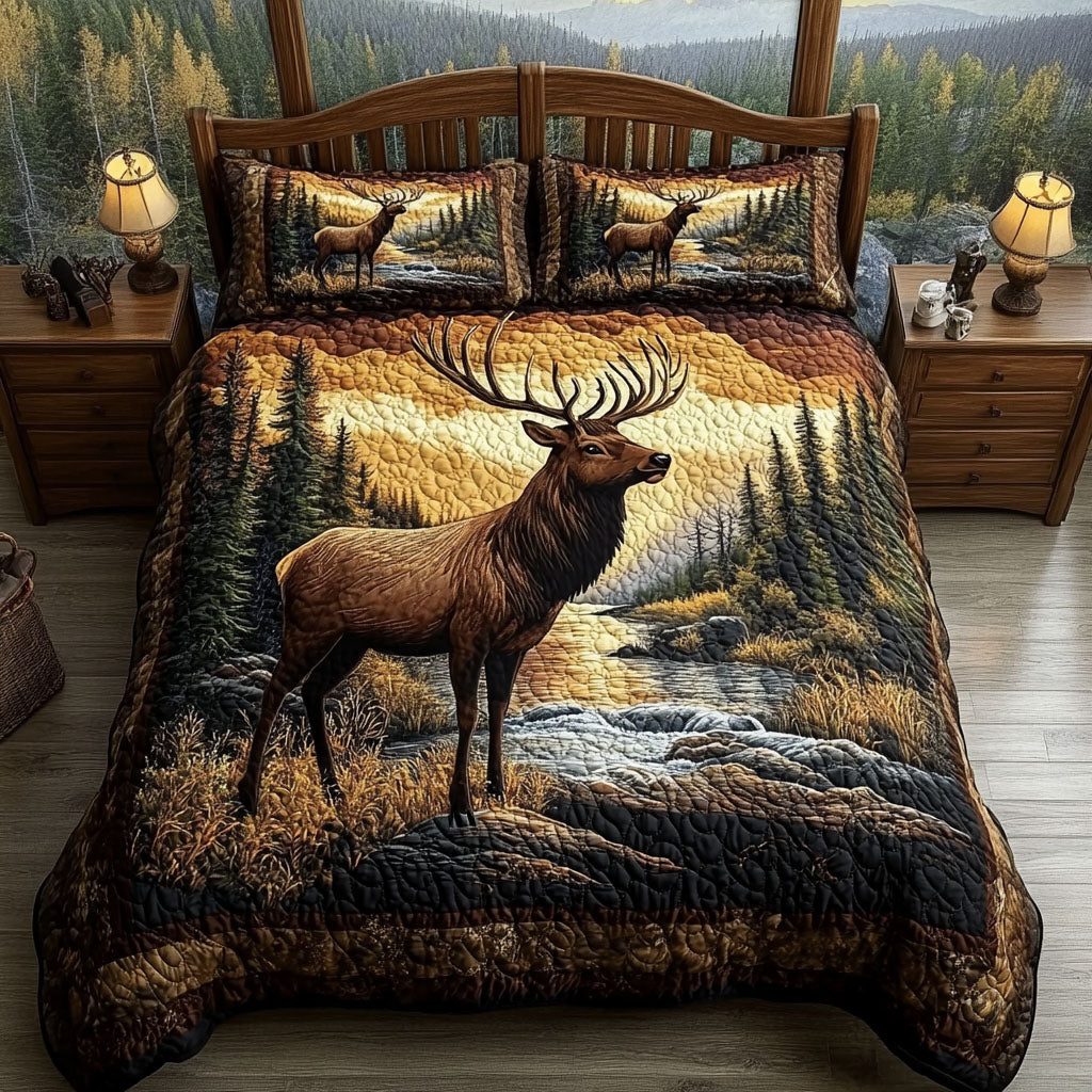 Forest Trail Comfort quilted 3-piece bedding set on a made bed with two matching pillow shams