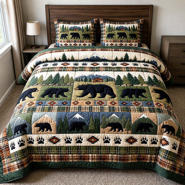 Forest Trail quilted 3-piece bedding set on a made bed with two matching pillow shams