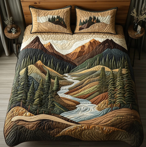 Forest Trail quilted 3-piece bedding set on a made bed with two matching pillow shams