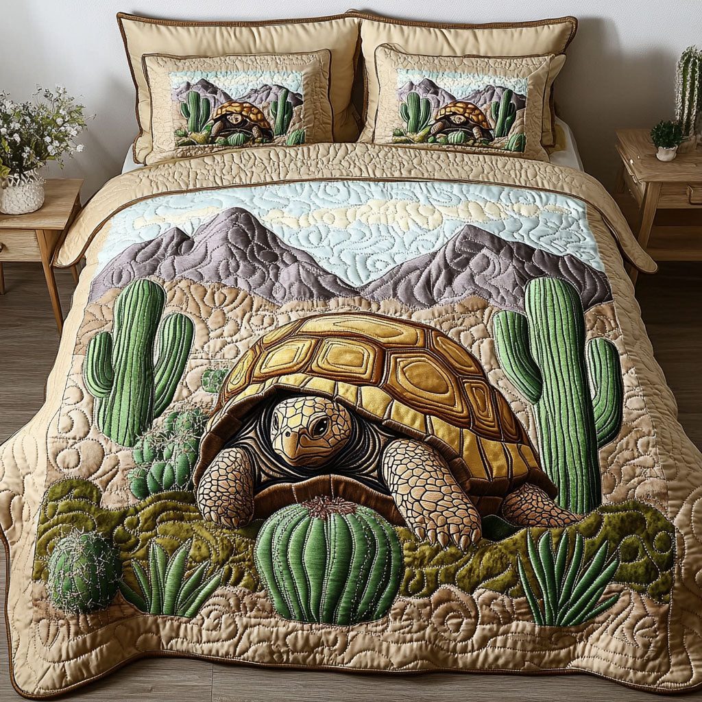 Forest Treader quilted 3-piece bedding set on a made bed with two matching pillow shams