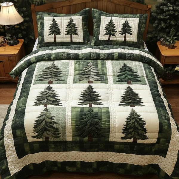 Forest Tree quilted 3-piece bedding set on a made bed with two matching pillow shams