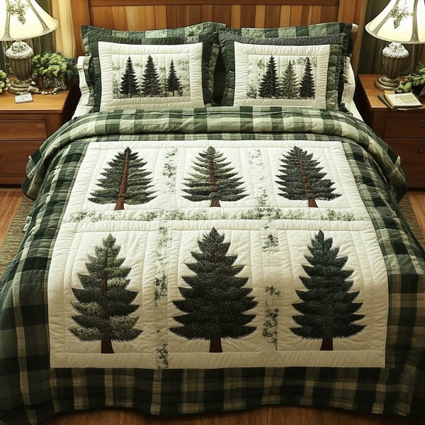 Forest Tree quilted 3-piece bedding set on a made bed with two matching pillow shams
