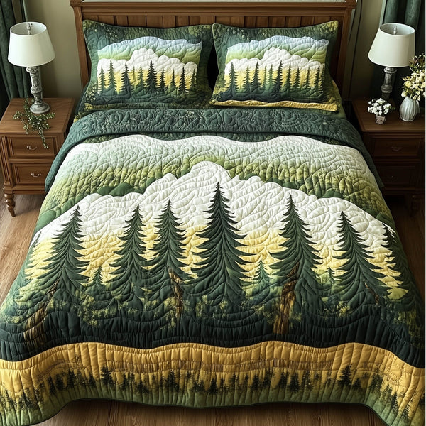 Forest Tree quilted 3-piece bedding set on a made bed with two matching pillow shams