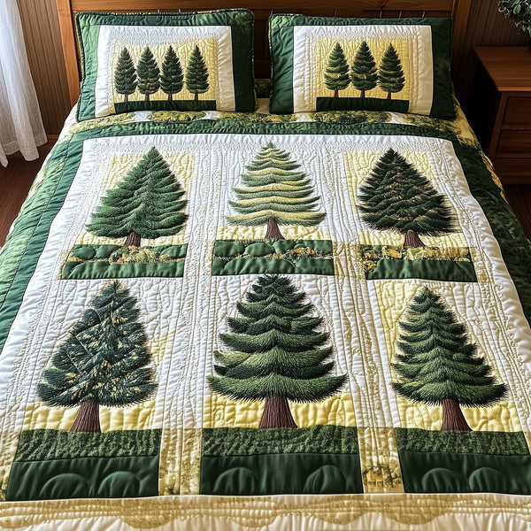Forest Tree quilted 3-piece bedding set on a made bed with two matching pillow shams