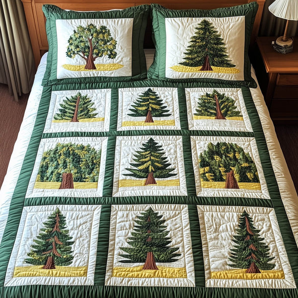 Forest Tree quilted 3-piece bedding set on a made bed with two matching pillow shams