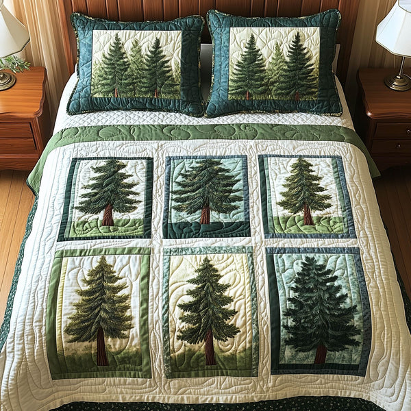 Forest Tree quilted 3-piece bedding set on a made bed with two matching pillow shams