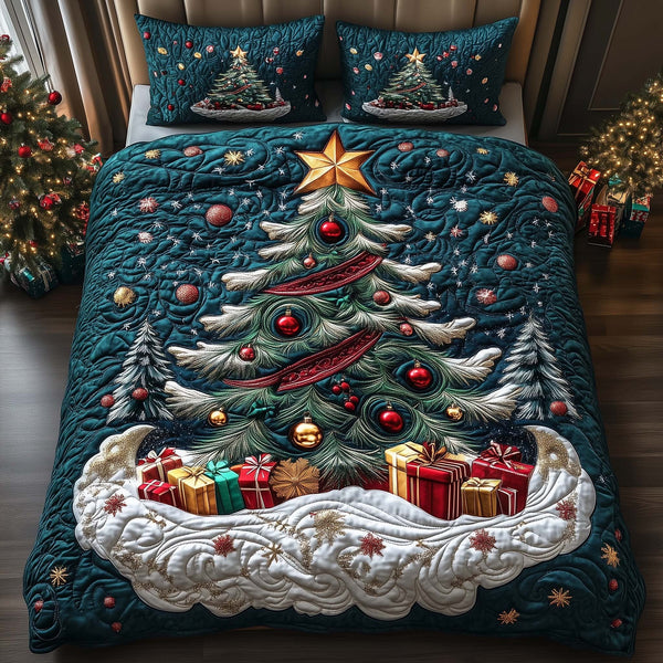 Forest Tree quilted 3-piece bedding set on a made bed with two matching pillow shams