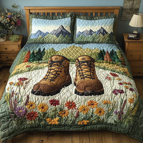 Forest Trek quilted 3-piece bedding set on a made bed with two matching pillow shams