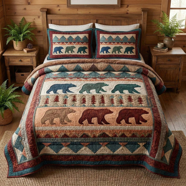 Forest Trio quilted 3-piece bedding set on a made bed with two matching pillow shams