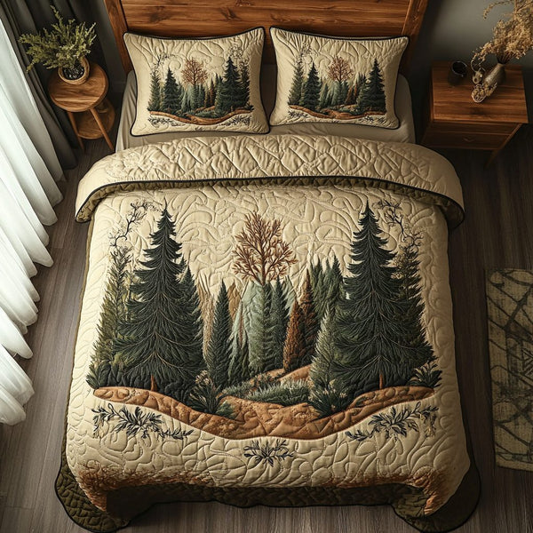 Forest v2 quilted 3-piece bedding set on a made bed with two matching pillow shams