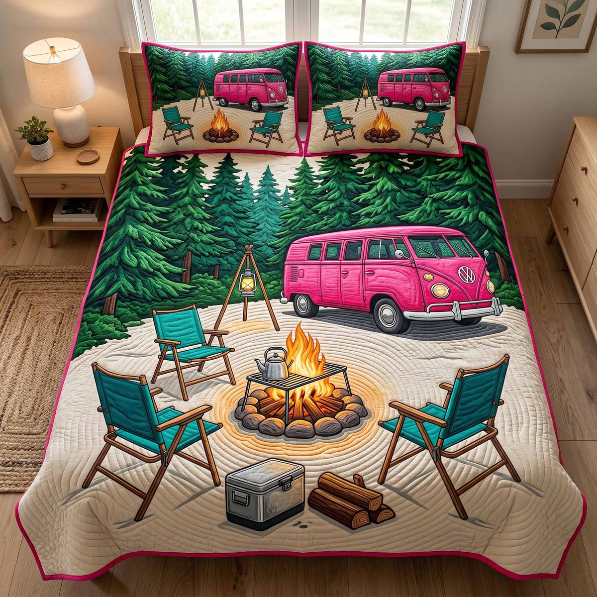Forest Van quilted 3-piece bedding set on a made bed with two matching pillow shams