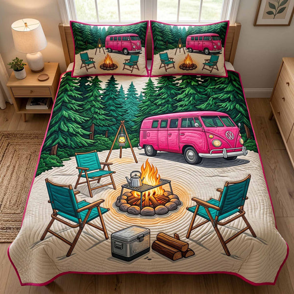 Forest Van quilted 3-piece bedding set on a made bed with two matching pillow shams