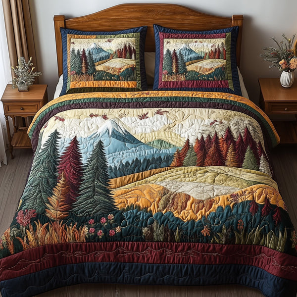 Forest Vibe quilted 3-piece bedding set on a made bed with two matching pillow shams