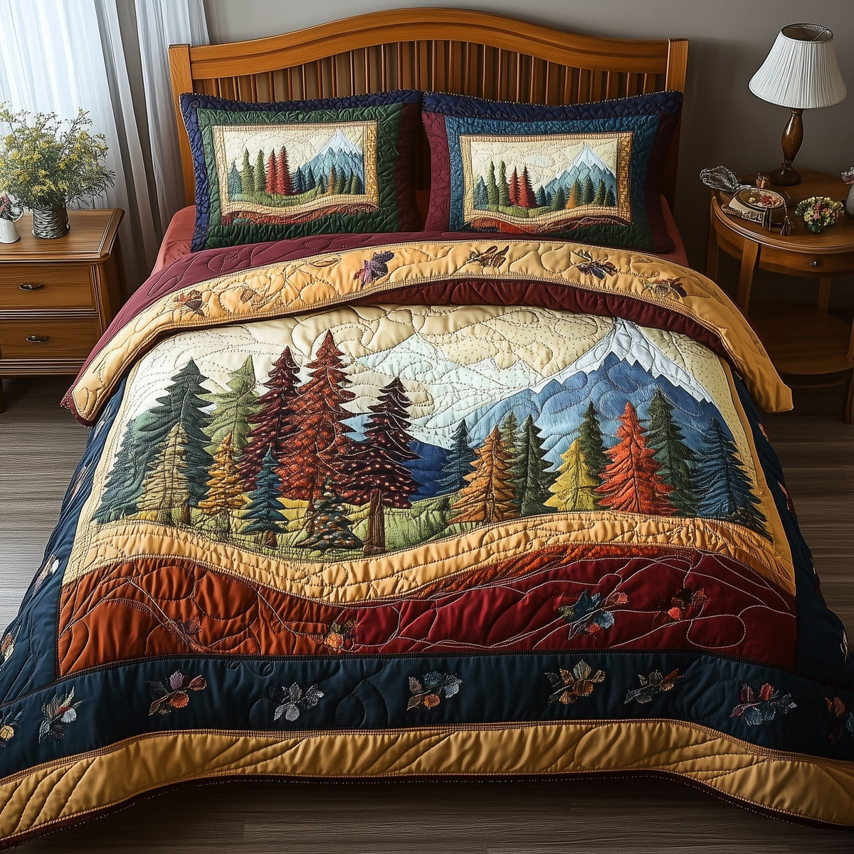 Forest Vibe quilted 3-piece bedding set on a made bed with two matching pillow shams