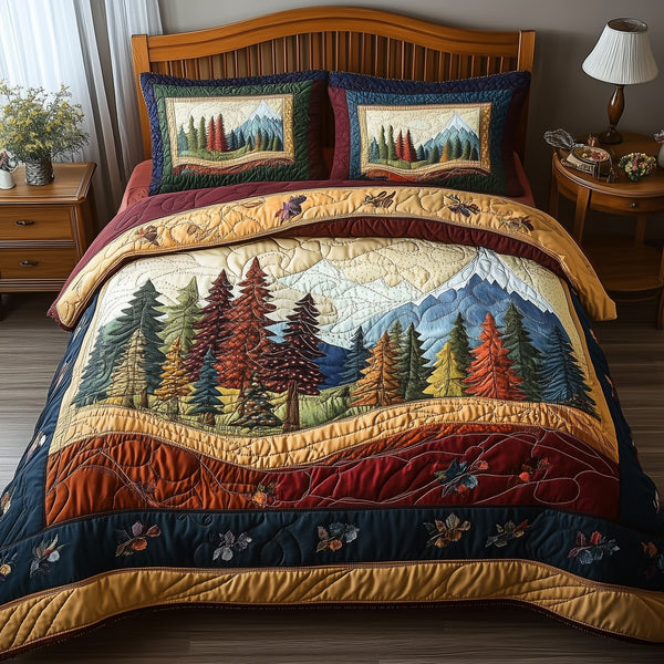 Forest Vibe quilted 3-piece bedding set on a made bed with two matching pillow shams