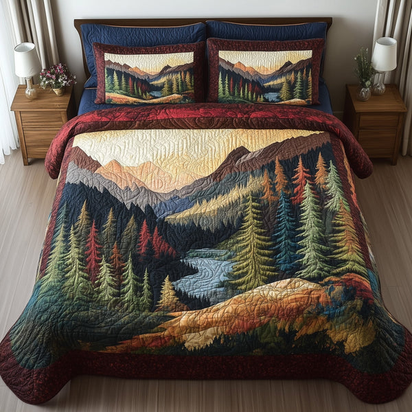 Forest Vibes quilted 3-piece bedding set on a made bed with two matching pillow shams
