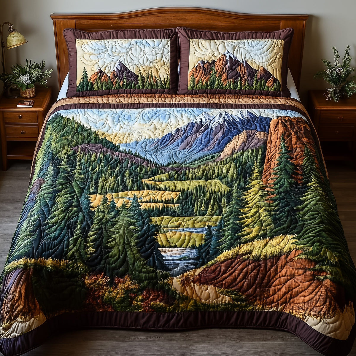 Forest Vibes quilted 3-piece bedding set on a made bed with two matching pillow shams