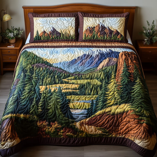 Forest Vibes quilted 3-piece bedding set on a made bed with two matching pillow shams