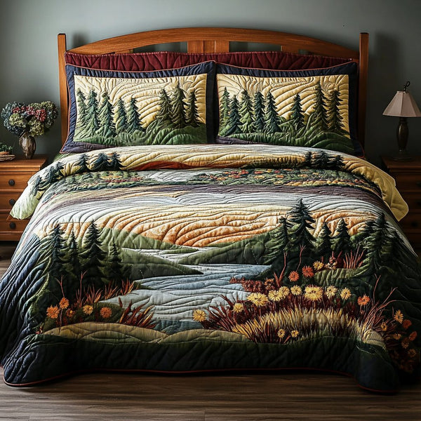 Forest View quilted 3-piece bedding set on a made bed with two matching pillow shams
