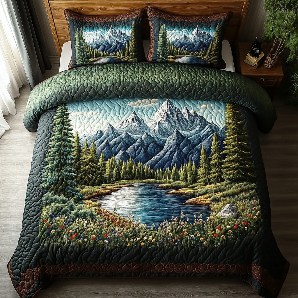 Forest Vista quilted 3-piece bedding set on a made bed with two matching pillow shams