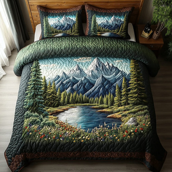Forest Vista quilted 3-piece bedding set on a made bed with two matching pillow shams