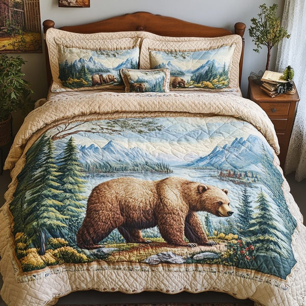 Forest Walk quilted 3-piece bedding set on a made bed with two matching pillow shams