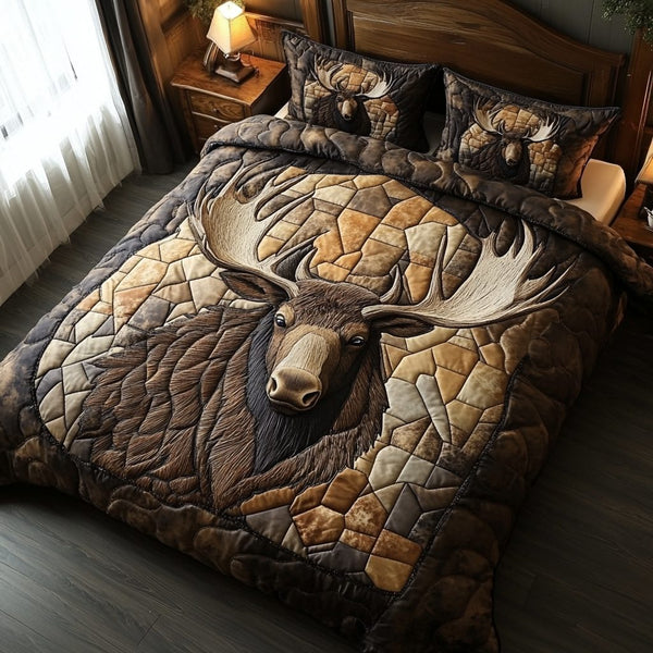 Forest Wanderer quilted 3-piece bedding set on a made bed with two matching pillow shams