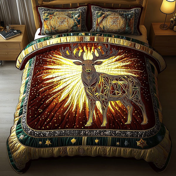 Forest Wanderer quilted 3-piece bedding set on a made bed with two matching pillow shams